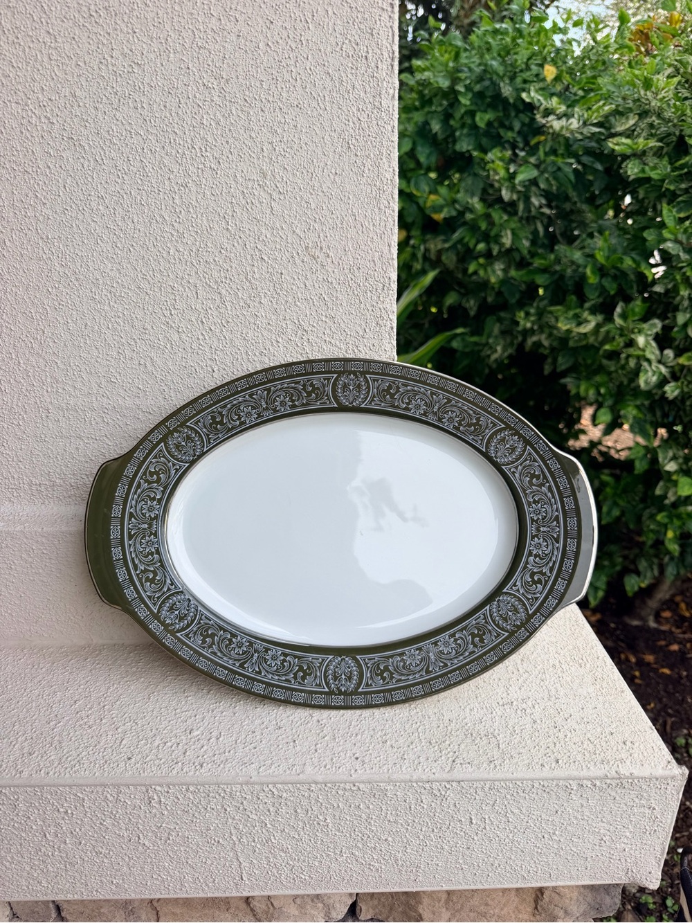 Vintage Forest Damask 3544 Oval Serving Platter Green Silver Fine China Japan